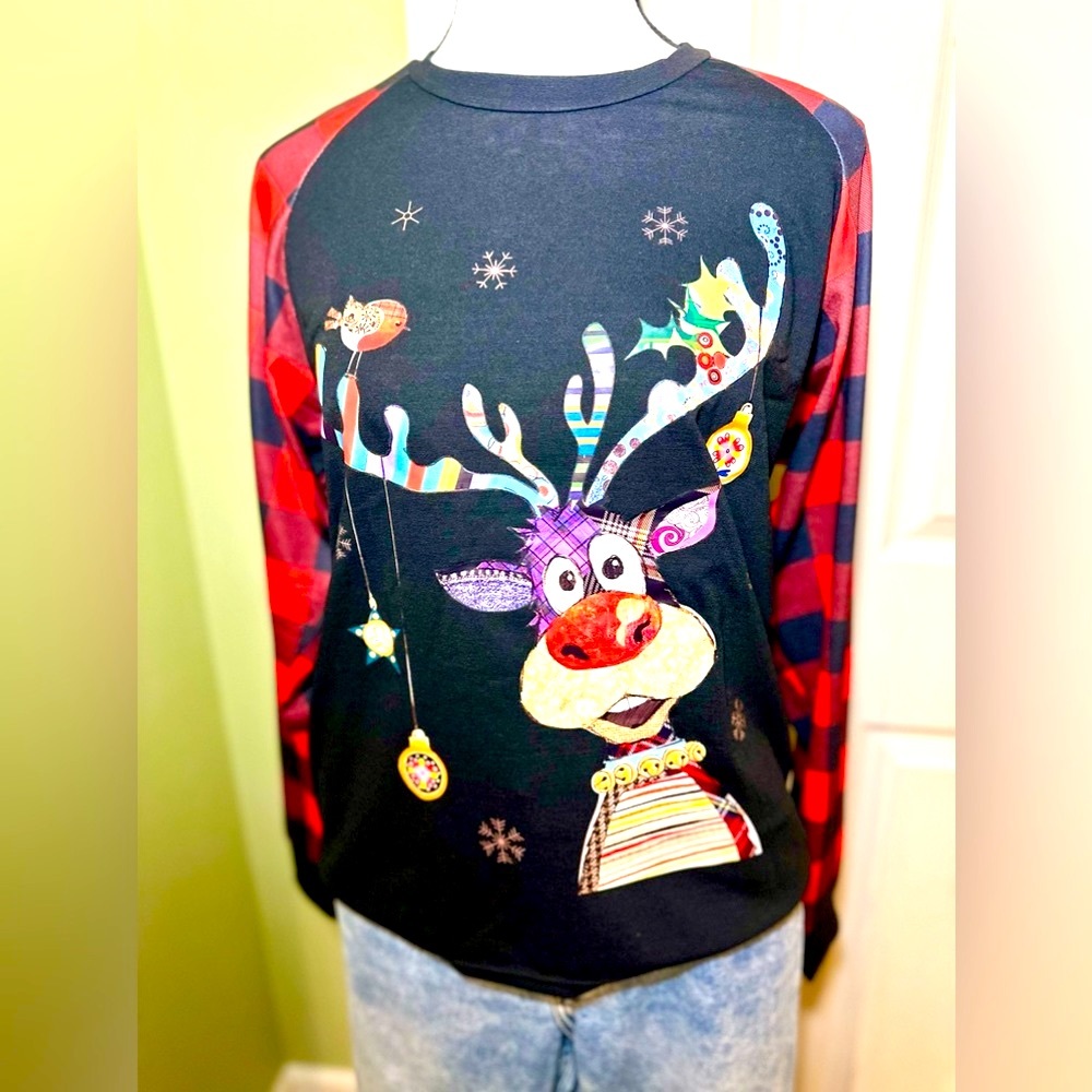 Raglan Buffalo Check Sleeve Funny Reindeer Graphic Print Crew Neck T-shirts 🦌